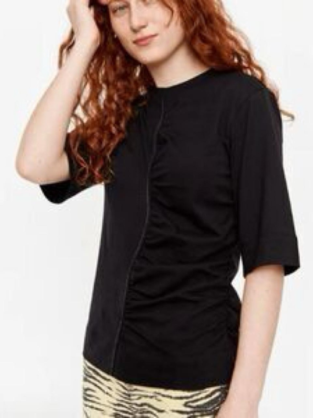 GANNI Black Cotton Jersey Asymmetrical Wavy Ruched Short Sleeve Tee Size M